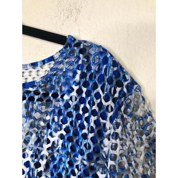 Ali Miles Blue White Abstract Mesh Overlay Tunic Top XL Beach Resort Wear Travel - Picture 8 of 16